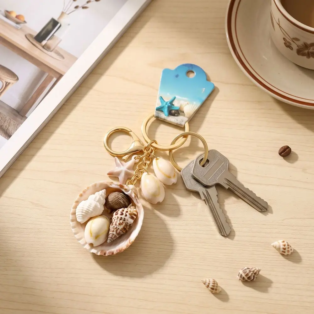5PCS Seashell Starfish Keychain, Beach‑Style Conch Shell Pendant Key Ring, Multi‑Style Ocean‑Themed Bag Charm Accessory for Keys Backpack Handbag Decoration