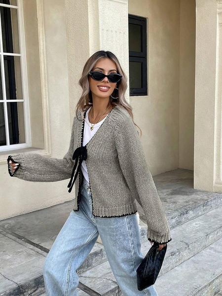 New Contrast Color Knitted Cardigan with Self-Tie Long Sleeves, Stylish Casual Knit Sweater Jacket for Women, Unique Design for Everyday Looks