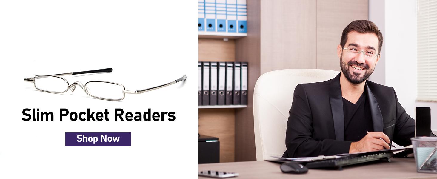 Small Reading Glasses Men Women 3 Pairs Slim Pocket Readers with Pen Clip Metal Case Spring Hinge 2.25