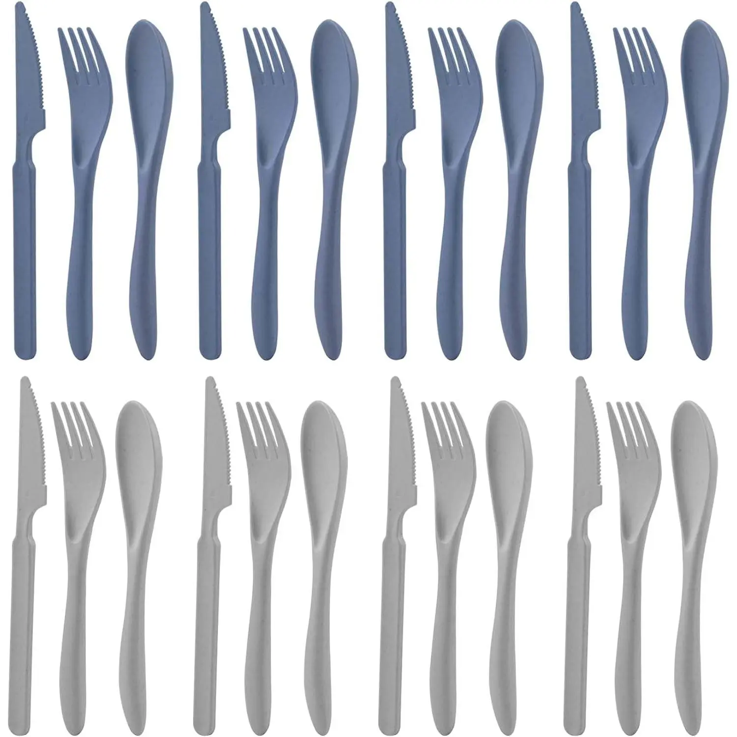 8 Sets Wheat Straw Cutlery Set,  Utensils Set (Blue Gray) | Wheat Straw, Unbreakable Lightweight, Rounded Fork , Deep Soup Spoon,  Serrated ,  Office School Travel Use