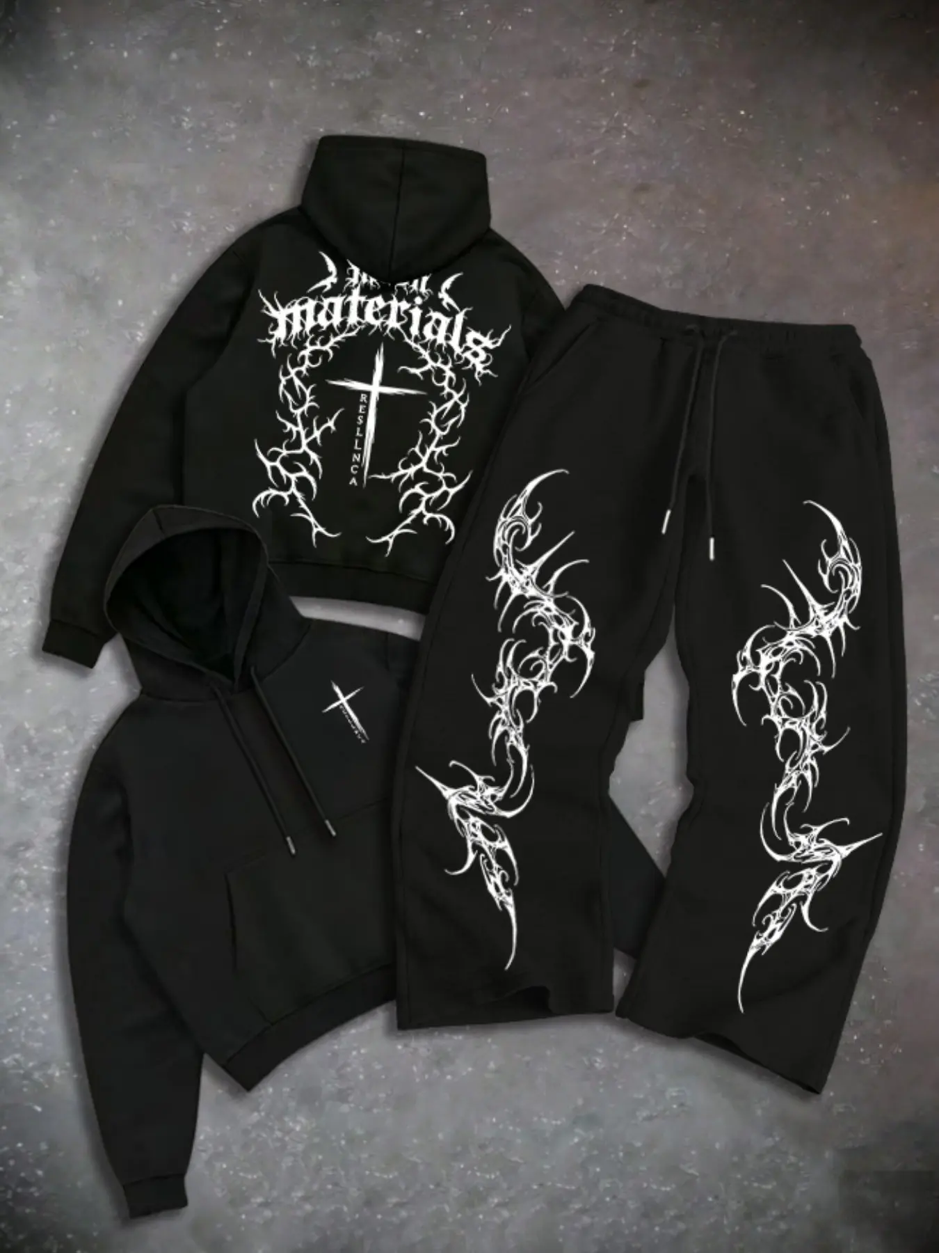 Men's Two-Piece Fashion Casual Hooded Sweatshirt Set, Gothic & Cross Print Hoodie and Drawstring Wide Leg Pants, Spring Fall Winter Streetwear