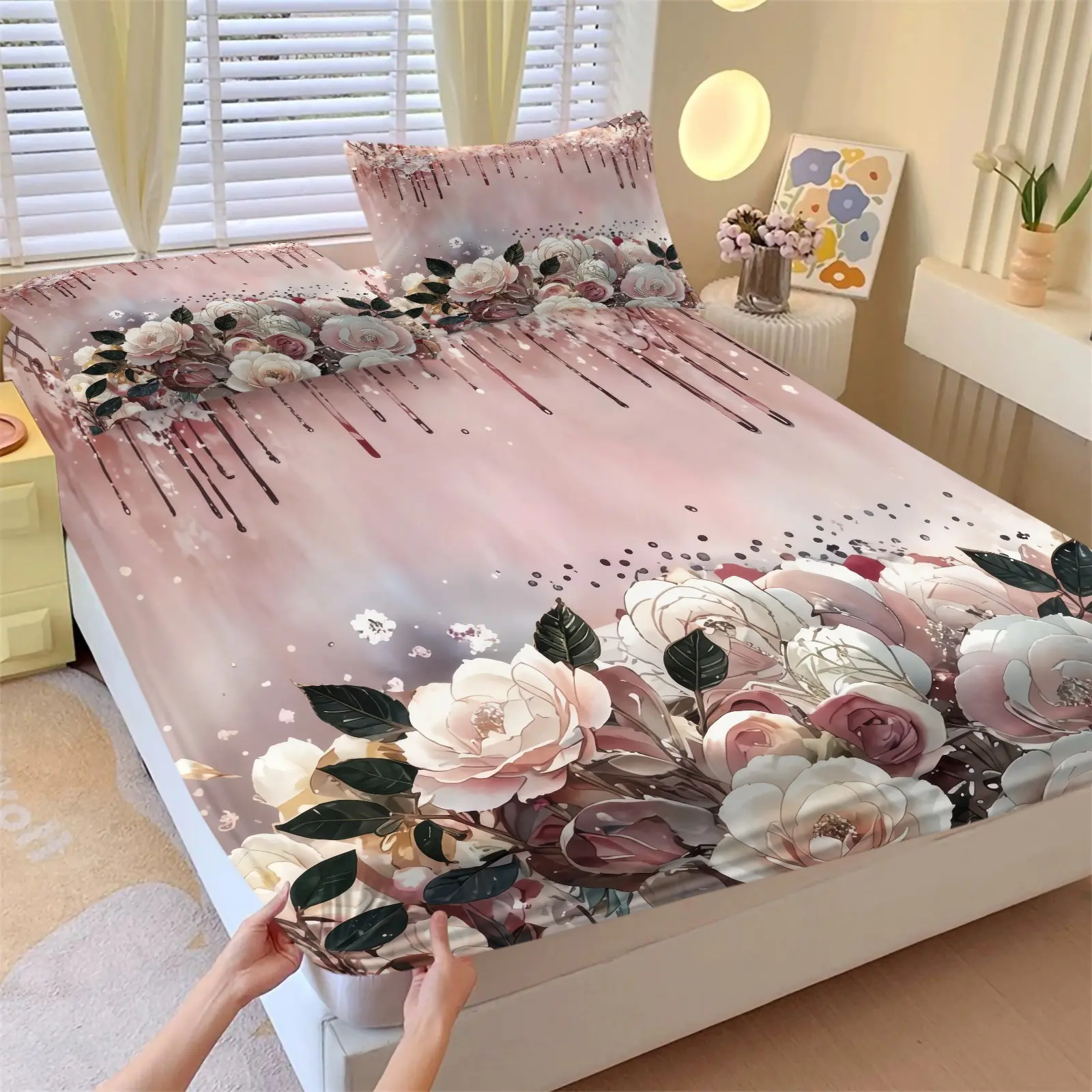 Pink Vintage Rose Fitted Sheet Set, Watercolor Flower Art Bed Sheets Set, 1 Fitted Sheet & 2 Pillowcase No Filling, Soft Microfiber Deep Pocket Design All Season, Gift for Adults Women Bedroom Dorm Guest Room