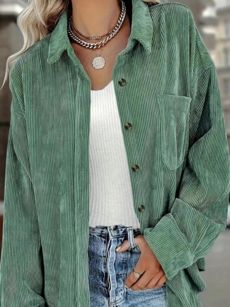 Women's Corduroy Shirt With Pocket, Drop Shoulder Style For Spring & Fall