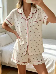 Women's Cherry Print Sleepwear Set, Fitted Two-Piece Pajama Set, Cute Button-Down Short Sleeve Top and Shorts, Comfortable Home Wear