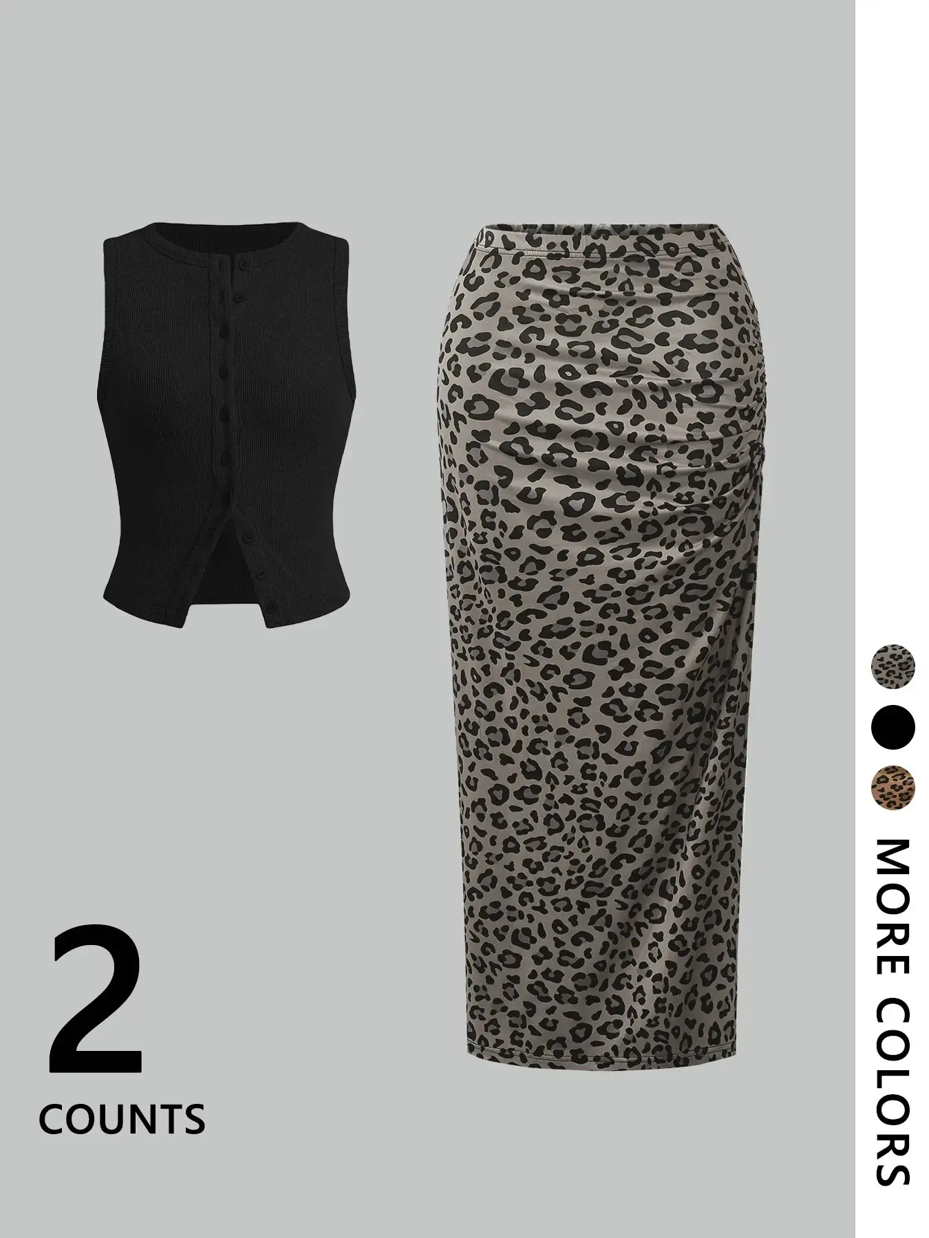 Sleeveless Button Knit Vest & Leopard Ruched Midi Skirt 2 Piece Set, Casual Fitted Suit, Stylish Leopard Pattern, Perfect for Everyday Wear, Animal Print Set