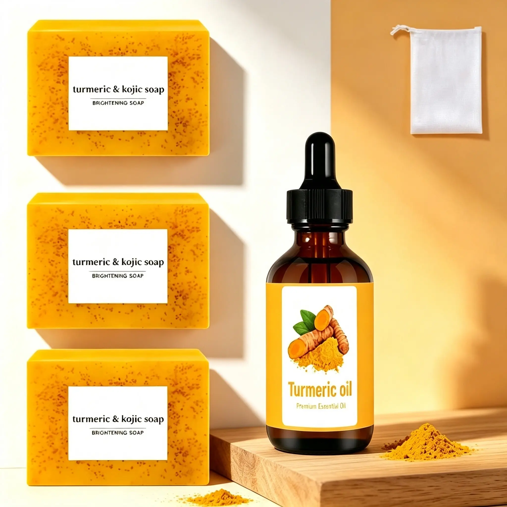 Natural Turmeric Skin Care Kit | Turmeric Kojic Brightening Soap + Turmeric Essential Oil, Face & Body Cleansing Set