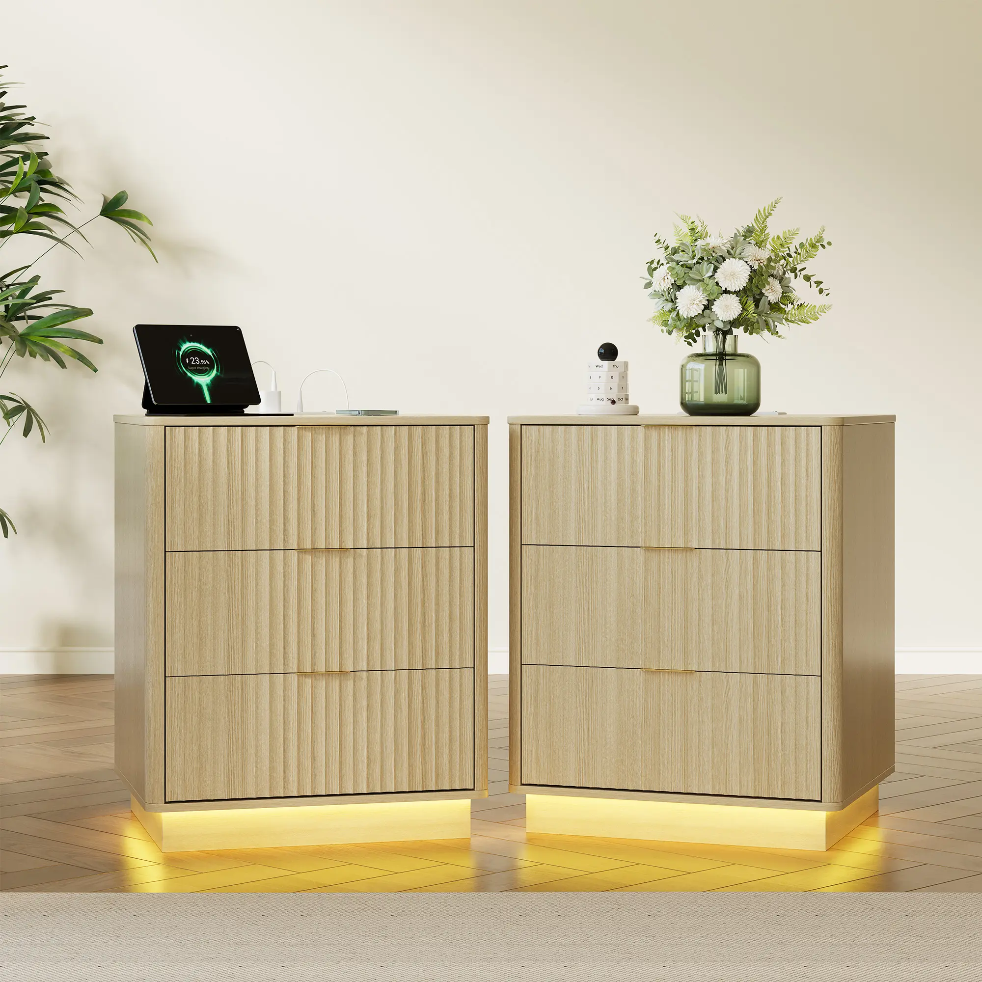 Fluted Nightstand Set of 2 with Charging Station & LED Lights, Modern Bedside Table with 3 Drawers, Wooden End Table for Bedroom, Living Room, Easy Assembly