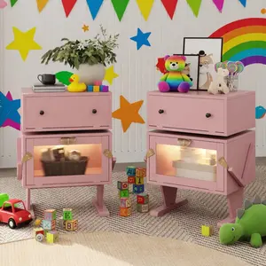 Pink Robot LED Nightstand 20.7 Inch Wide Modern Bedroom Bedside Table with 360 Degree Rotating Drawer for Indoor Use summerwins
