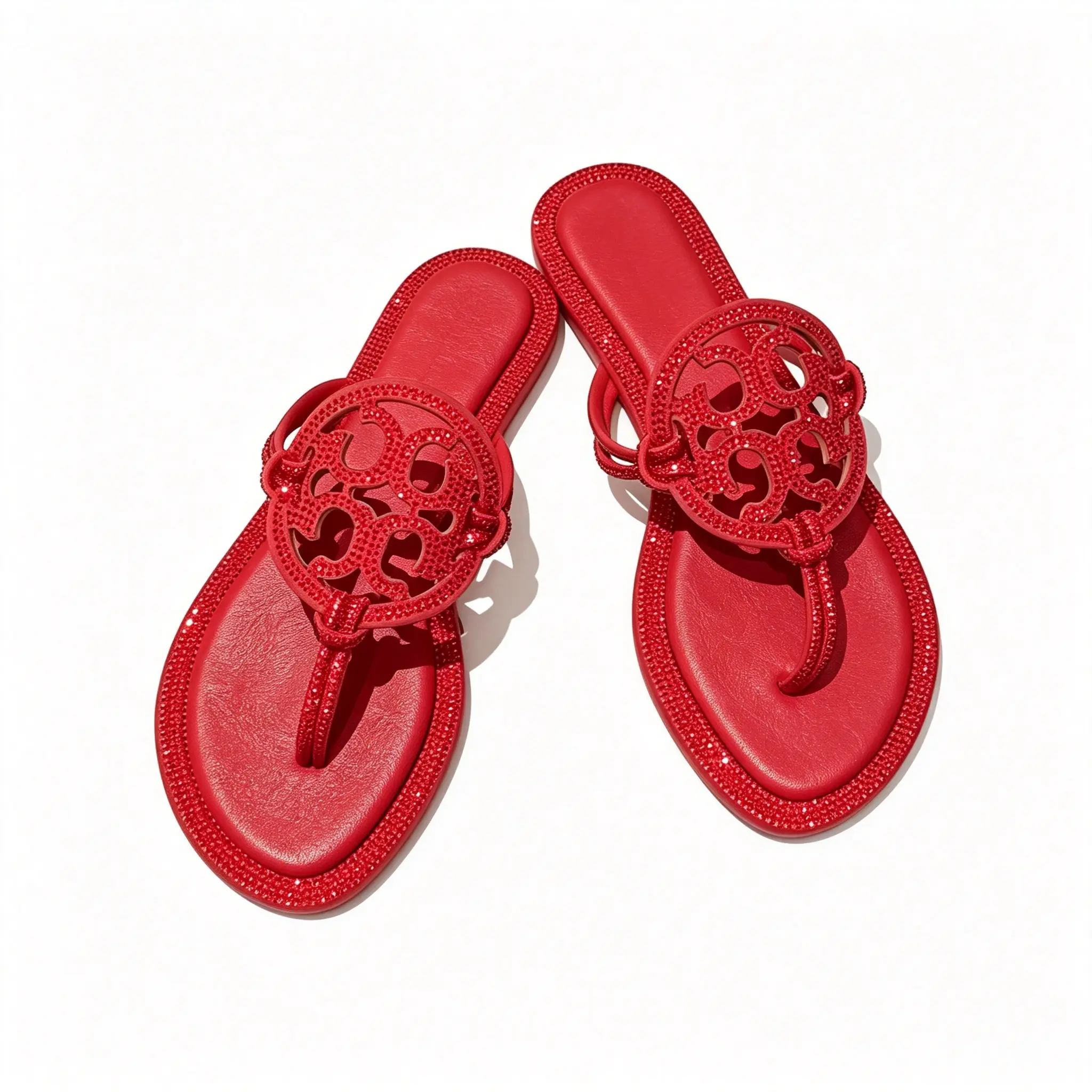 All-Red Sparkling Rhinestone Hollow Cutout Flip Flop Pool Slides, Fully Encrusted Crystal Thong Sandals, Waterproof Anti-Slip Flat Sole Bling Flip Flops for Poolside Lounging, Vacation & Casual Street Wear