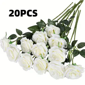 20 Realistic Long-Stem Artificial Silkyy Roses, Artificial Flower - Lifelike And Durable White Rose Bouquet, Suitable for Home Wedding Decorations, Party Setups, And Elegant Table Decor, Available in Various Colors