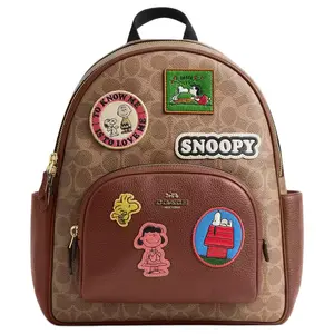 COACH x PEANUTS Court 28 Classic Logo-Embellished Coated Canvas Backpack, Large, Women’s, Tan and Brown Multicolor