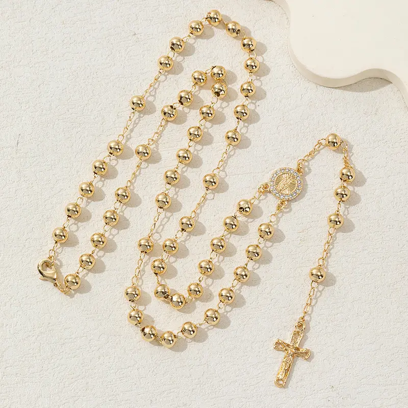 Hollow Our Lady of Guadalupe Rosary Necklace, 14K Gold Plated 6mm Bead Chain – Sacred Religious Pendant Jewelry for Daily Prayer, Church Occasions & Thoughtful Holiday Spiritual Gifts