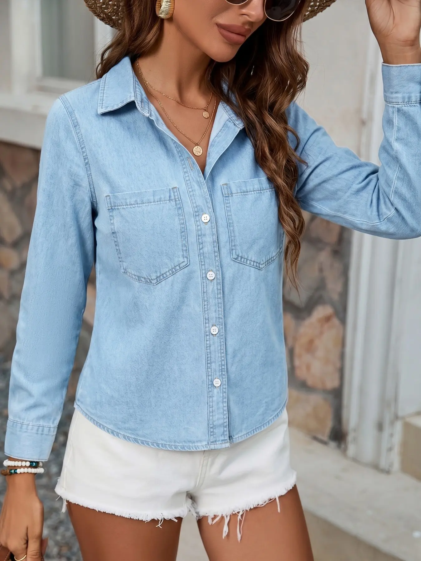 Women's Light Wash Denim Button Down Shirt, Long Sleeve Relaxed Fit Blouse, Dual Pockets, Coastal Casual Top for Office & Errands