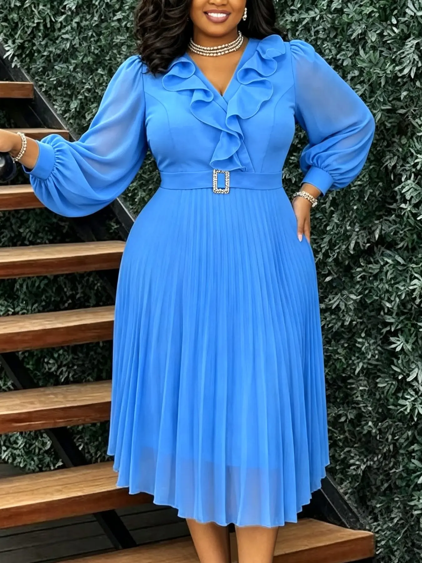 AOMEI Plus Size Women Elegant Chiffon A Line Midi Dress V Neck Puff Sleeve Tiered Ruffle Belt Waist Pleated Hem Wedding Guest Church Spring Summer Outfits