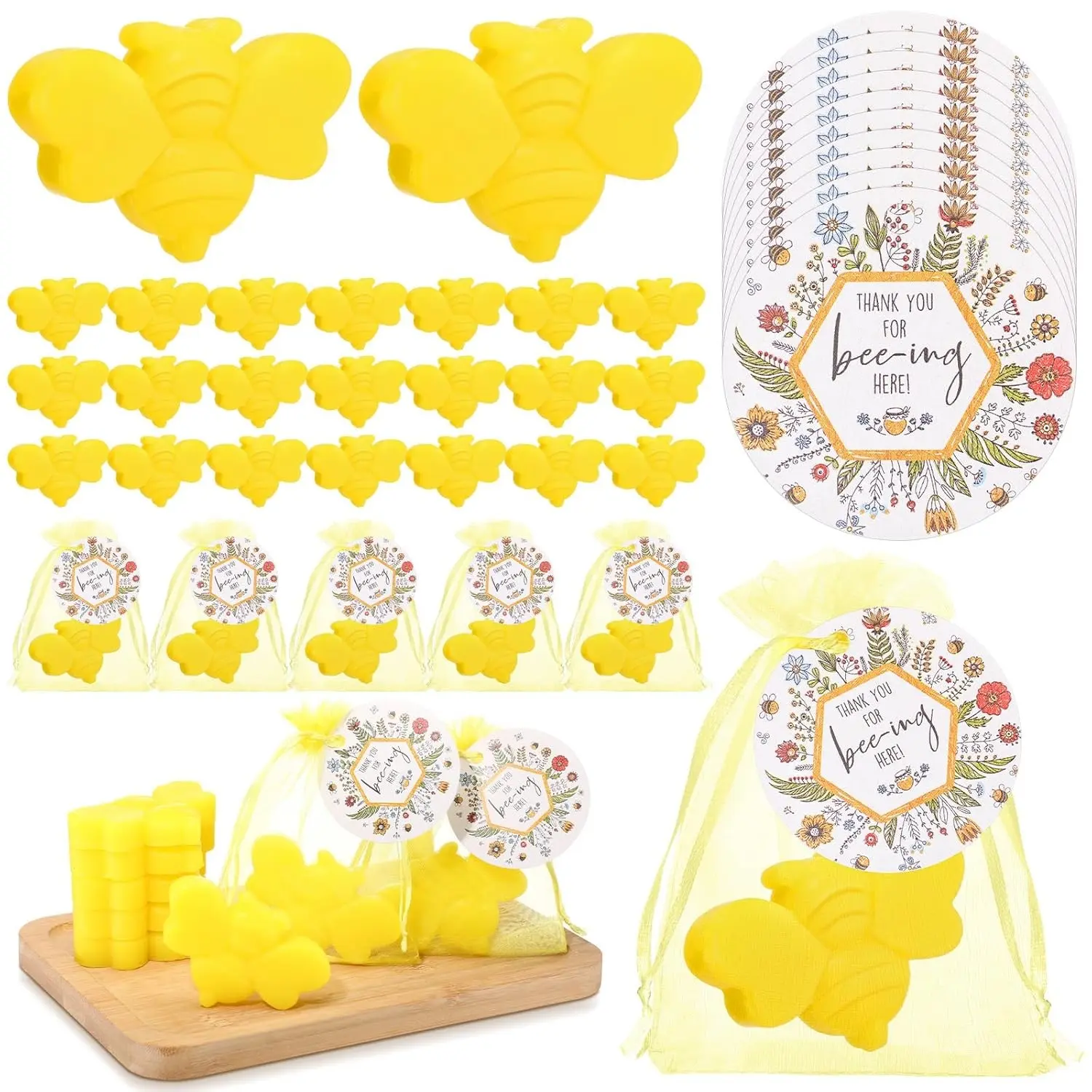 50-Set Bees Motif Handmade Soap Bulk Pack, Baby Shower Return Gifts with Mini Bee Soaps, Thank You Tags & Organza Bags, Gender Reveal Party Favors for Guests