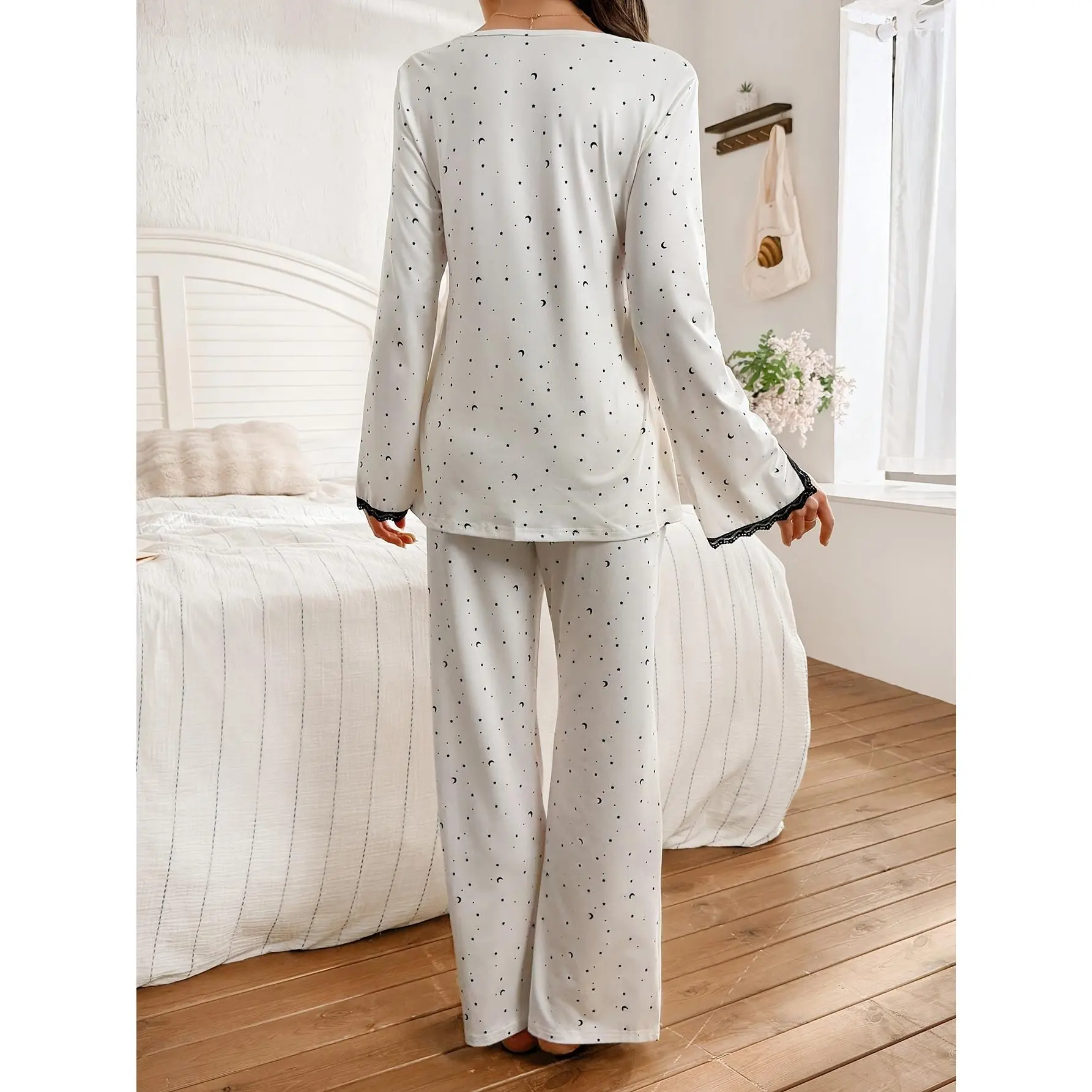 Maternity 2pcs Lace Patchwork Pajama Set, Round Neck Star and Moon Print Long Sleeve Long Pants Maternity Loungewear 2pcs Set