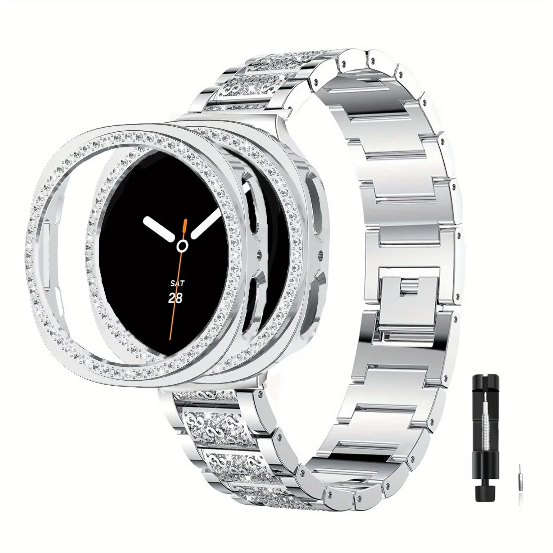 Bling Metal Watch Band + PC Protective Case Set for Samsung Galaxy Watch 9 8 (44mm/40mm), Rhinestone Watch Strap And Watch Case for Galaxy Watch 8 Watch 9, Stylish Business Design Watch Band and Protective Case Combo
