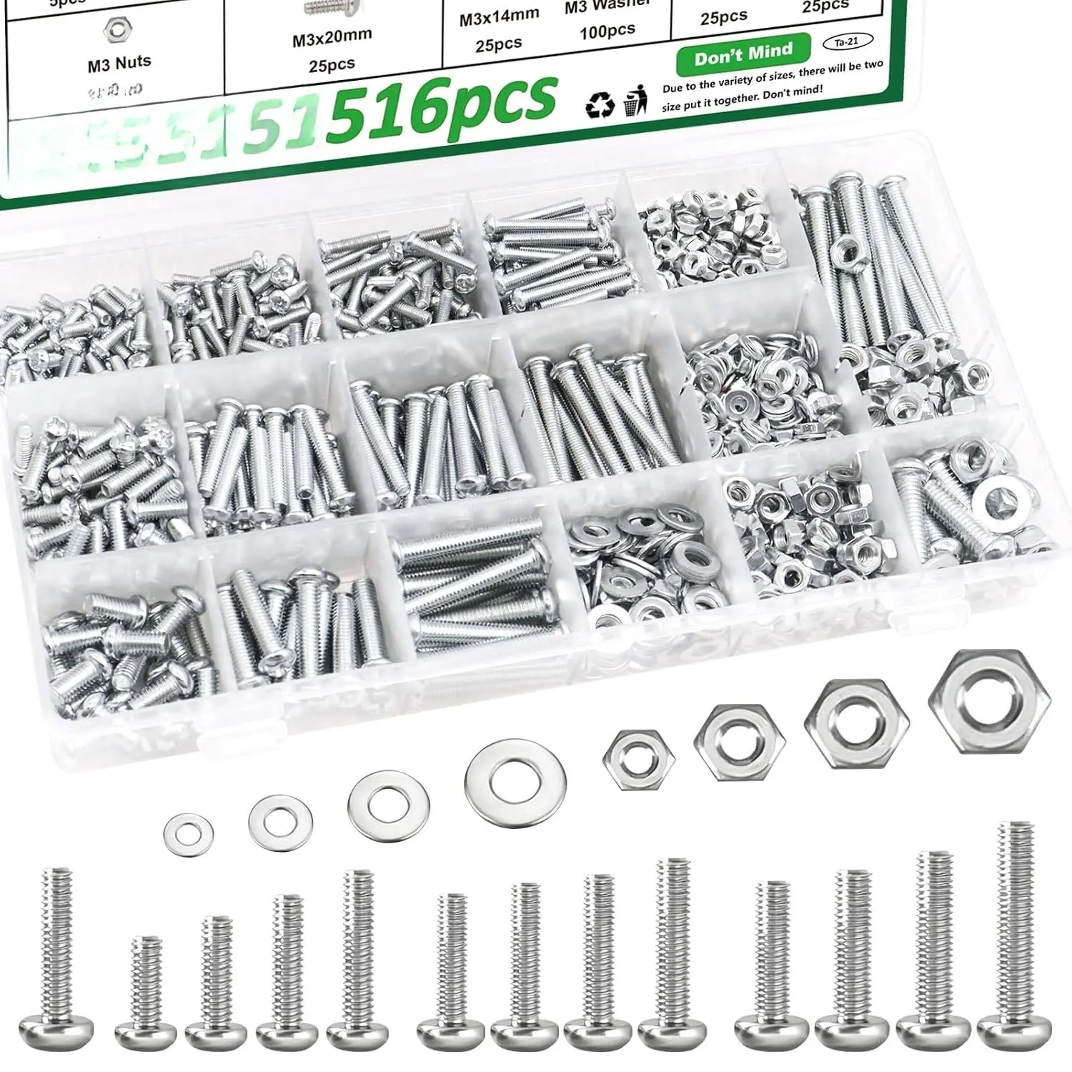 516 count Socket  Screws 21-Sizes M3/M4/M5/M6 Nuts and   Kit for Machinery, Furniture, Automotive,  Repairs