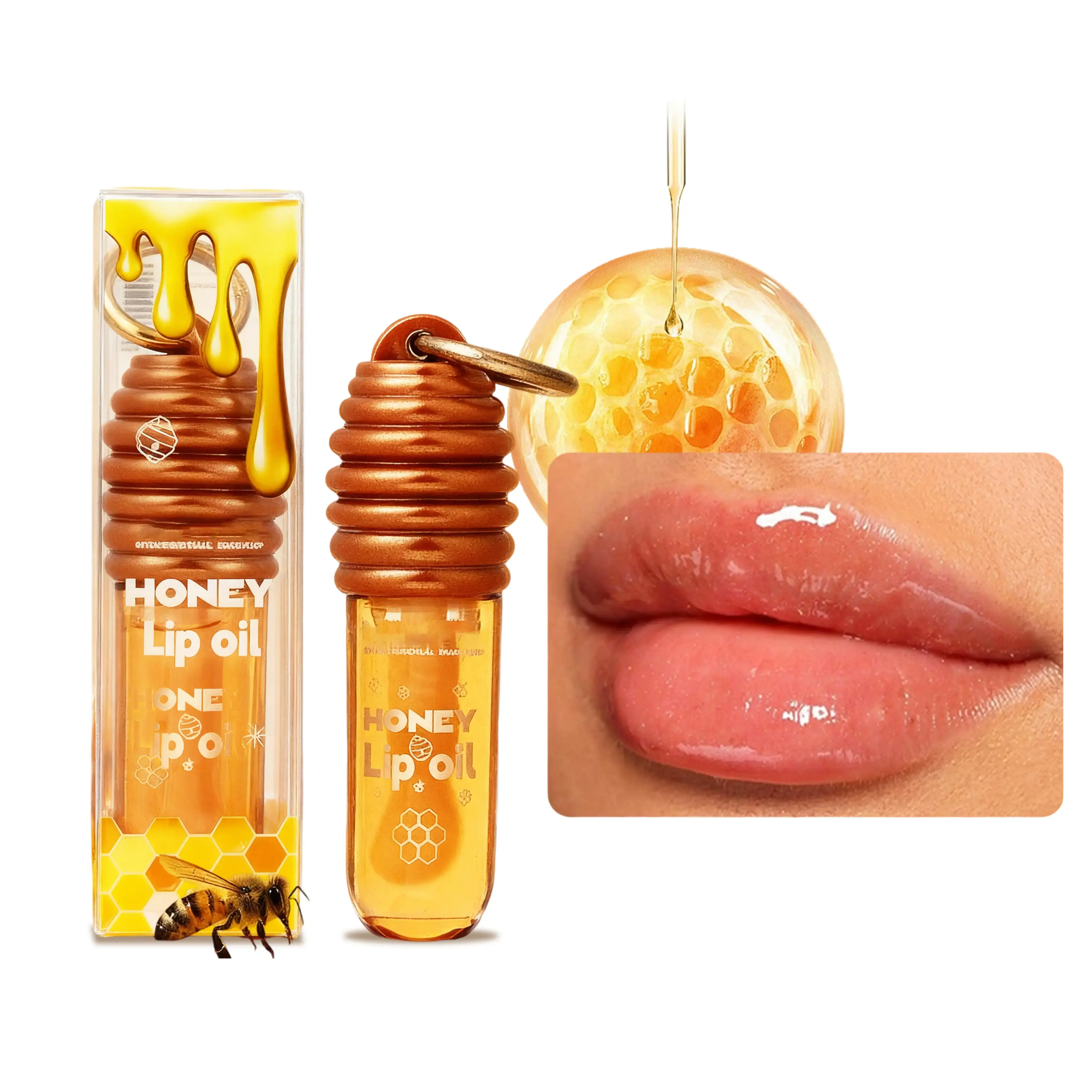 Honey Lip Oil - Professional Makeup Product with Keychain for On-the-Go Carrying, Quick-Drying Formula for Long-Lasting Color, Moisturizing Jelly Texture for Hydration & Smooth Lips