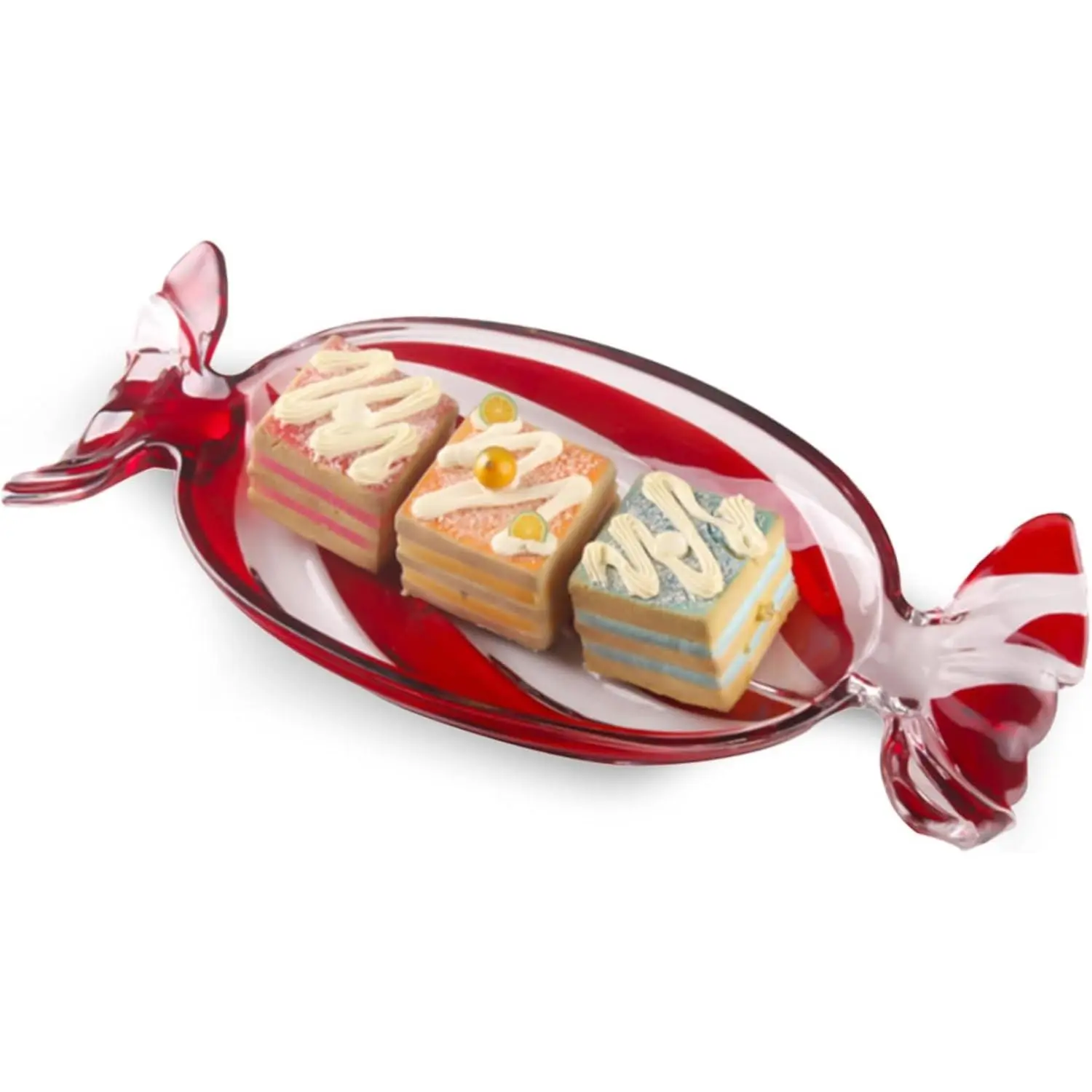 Large Festive Colorful Glass Candy Platter - Christmas Serving Tray for Holiday Treats, Decorative Dessert Plate for Xmas Parties, Glass Dish for Cookies Snacks Sweets (Red)