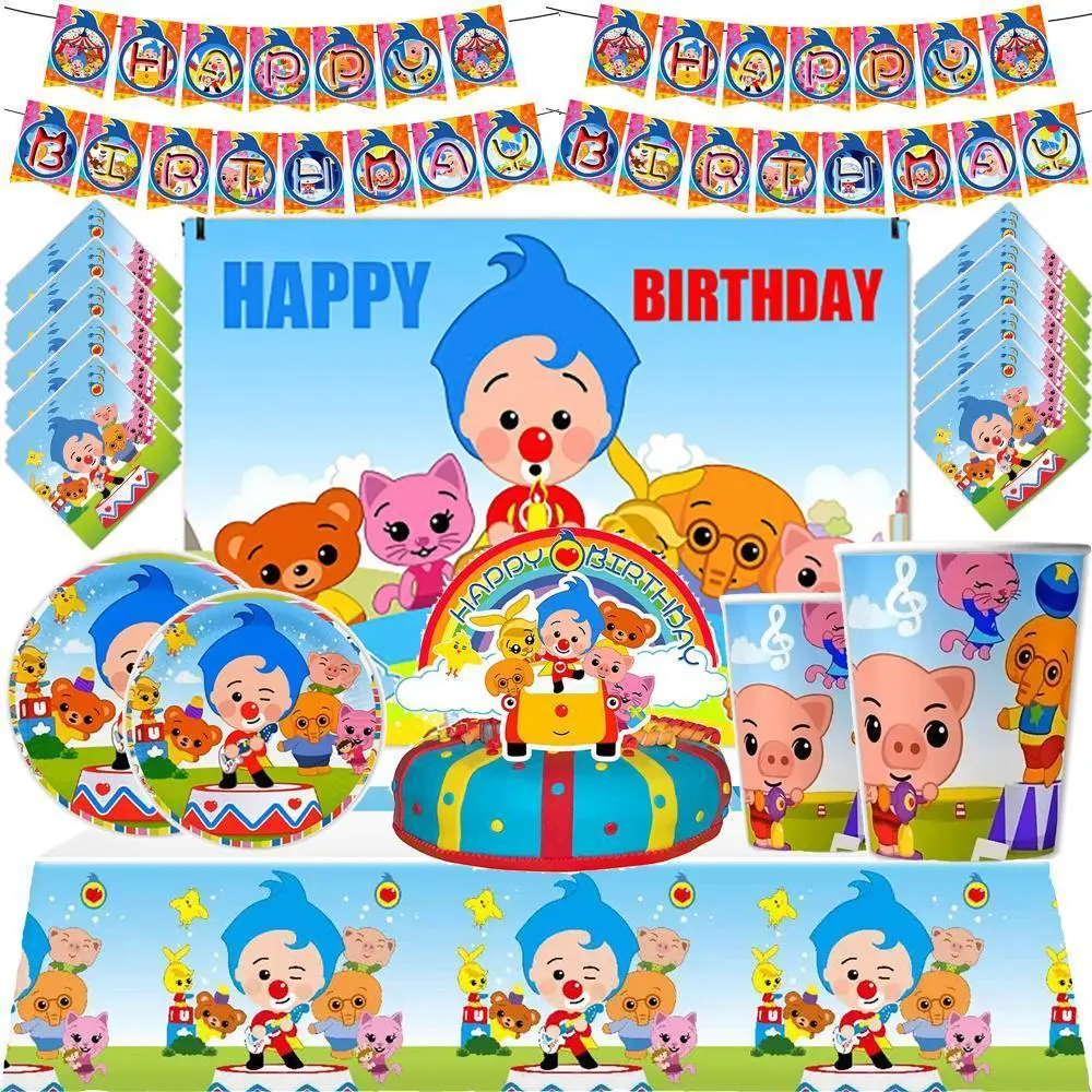 Plim Latex & Cartoon Red-Blue Clown Foil Balloons Set, Happy Birthday Banner, 1pcs Baby Shower Cake Topper & Background Decoration for Kids' Party DIY Supplies, 1Pcs Cake Topper