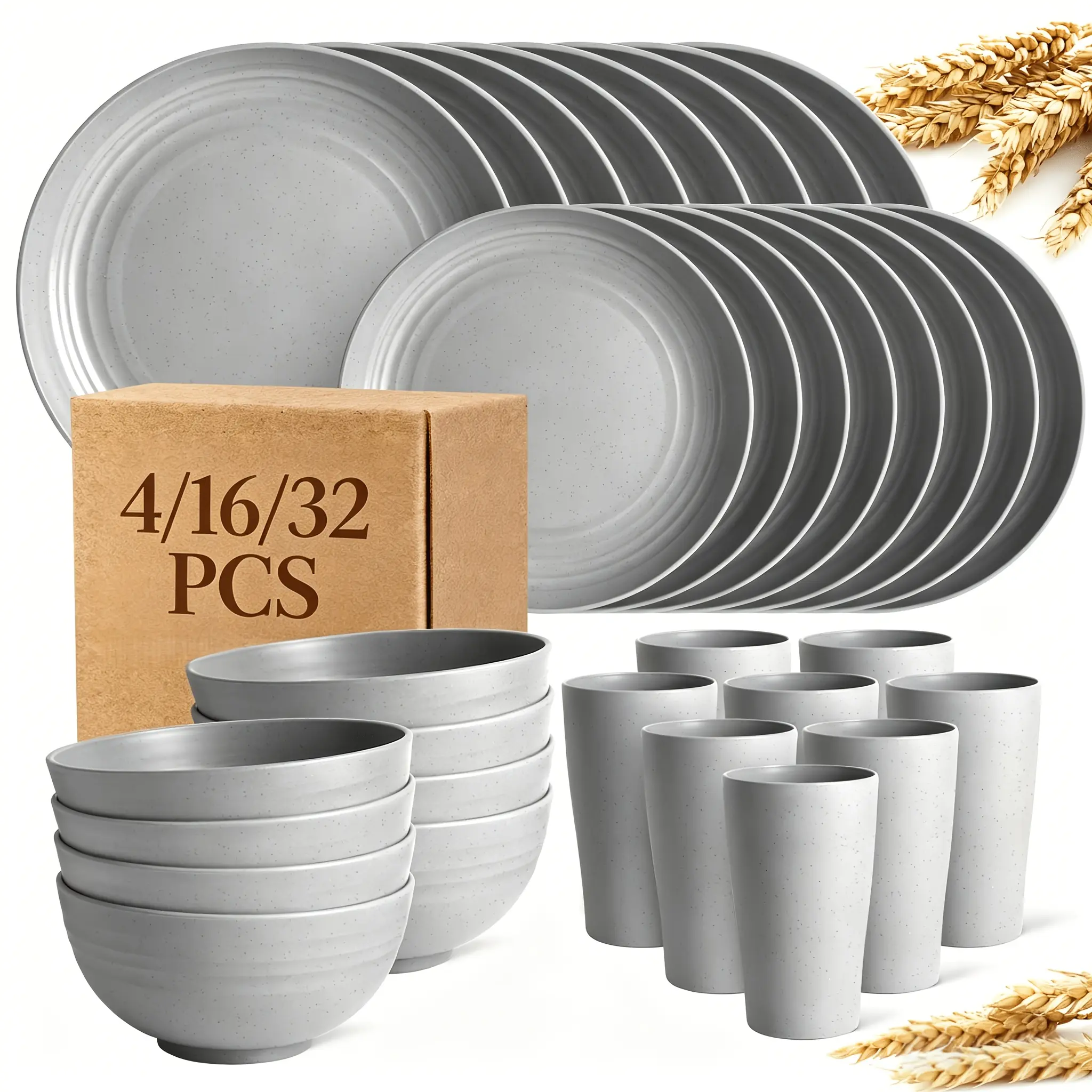 Unbreakable Wheat Straw Dinnerware Set 32/16/4Pcs, Service For 8/4 Large Size Modern Dish Set with Plate/Dessert Plate/Bowl/Cup, Lightweight Tableware for Camping, Perfect Christmas Halloween Gifts, Local Warehouse Stock