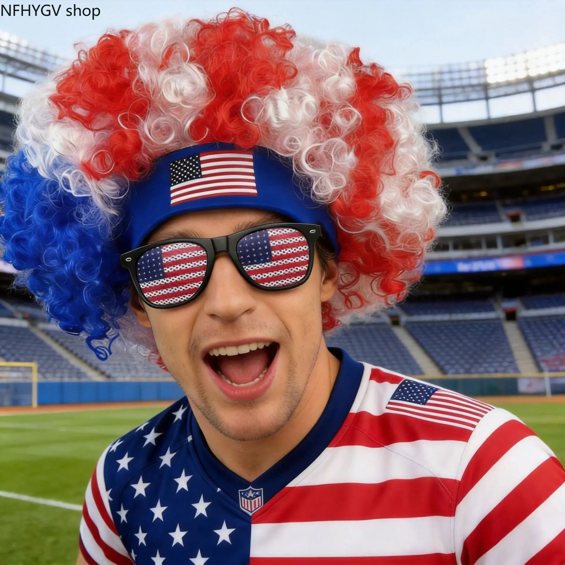 USA Flag Red White Blue Curly Afro Wig And Flag Sunglasses Set, Stars Stripes National Party Costume Accessory, Victory Celebration Gift For Sports Game 4Th Of July Fan Parade And Patriotic Outfit
