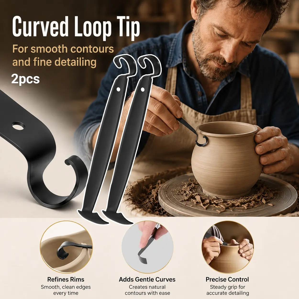 2Pcs Pottery Clay Making Tool, Double Ended Ceramic Trimming Tool with Sharp Curve Part, Flat Square Part and Easy Grip Handle Shape, Sculpting Scraper for Clay Modeling, Pottery Wheel, Rim Cleaning, Detail Cutting, DIY Ceramics and Potters