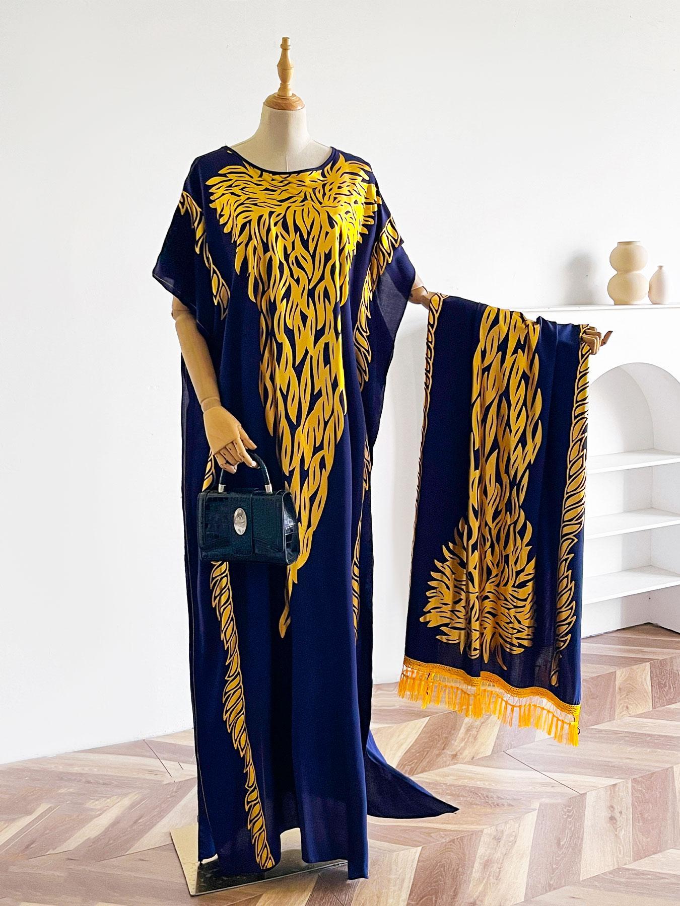Women's Ethnic Pattern Long Sleeve Cape Dress, Boho Casual Shawl Collar Long Dress for Beach Vacation Holiday, Ladies Clothes for All Seasons, Boho Caftan, Boho Casual Kaftan
