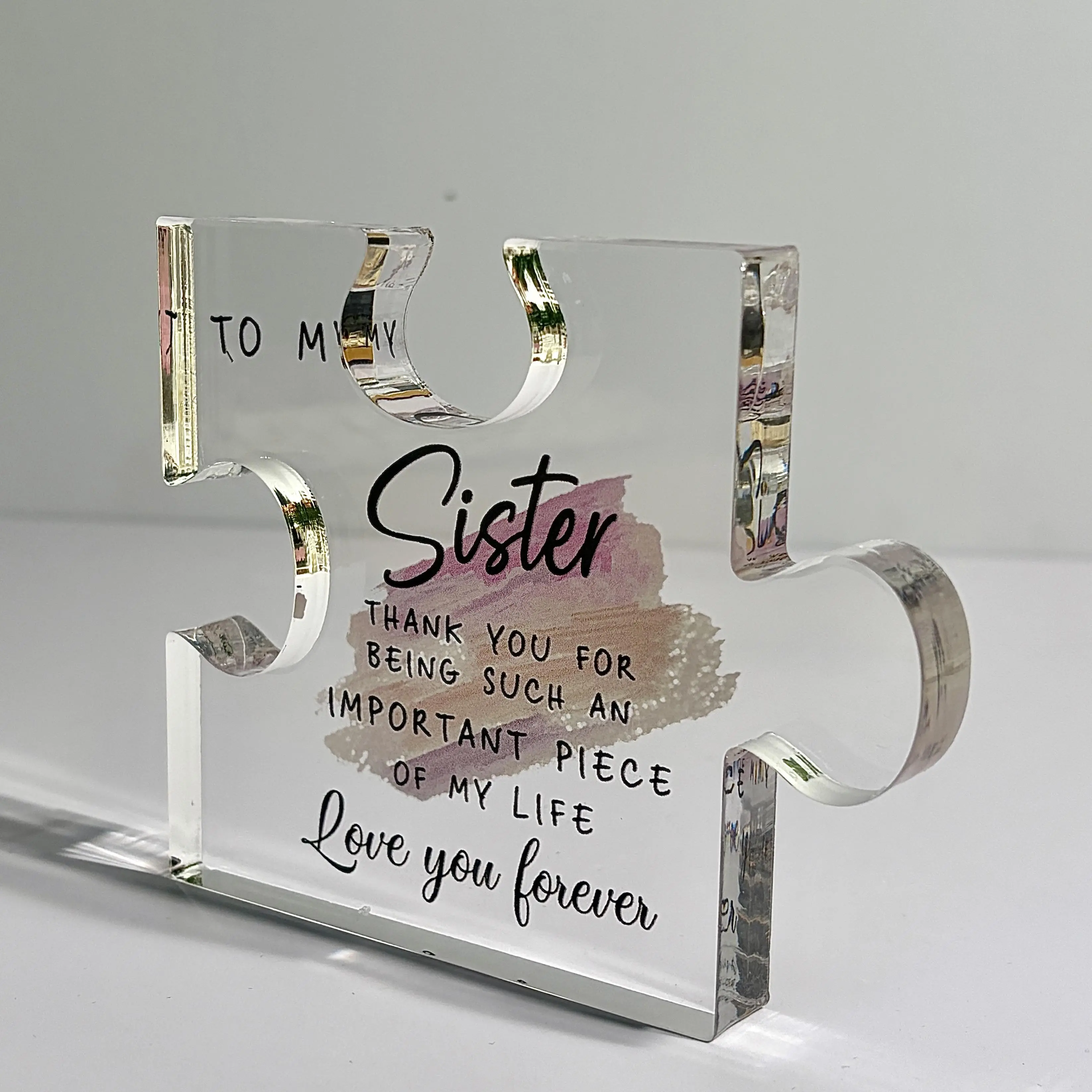 Acrylic Interlocking Sister Puzzle Plaque - 4.8" x 4" Transparent Heart Desk Stand with "Important Piece" Message, Acrylic Desktop Decoration, Home Office Decoration, Birthday/Christmas Graduation Gift