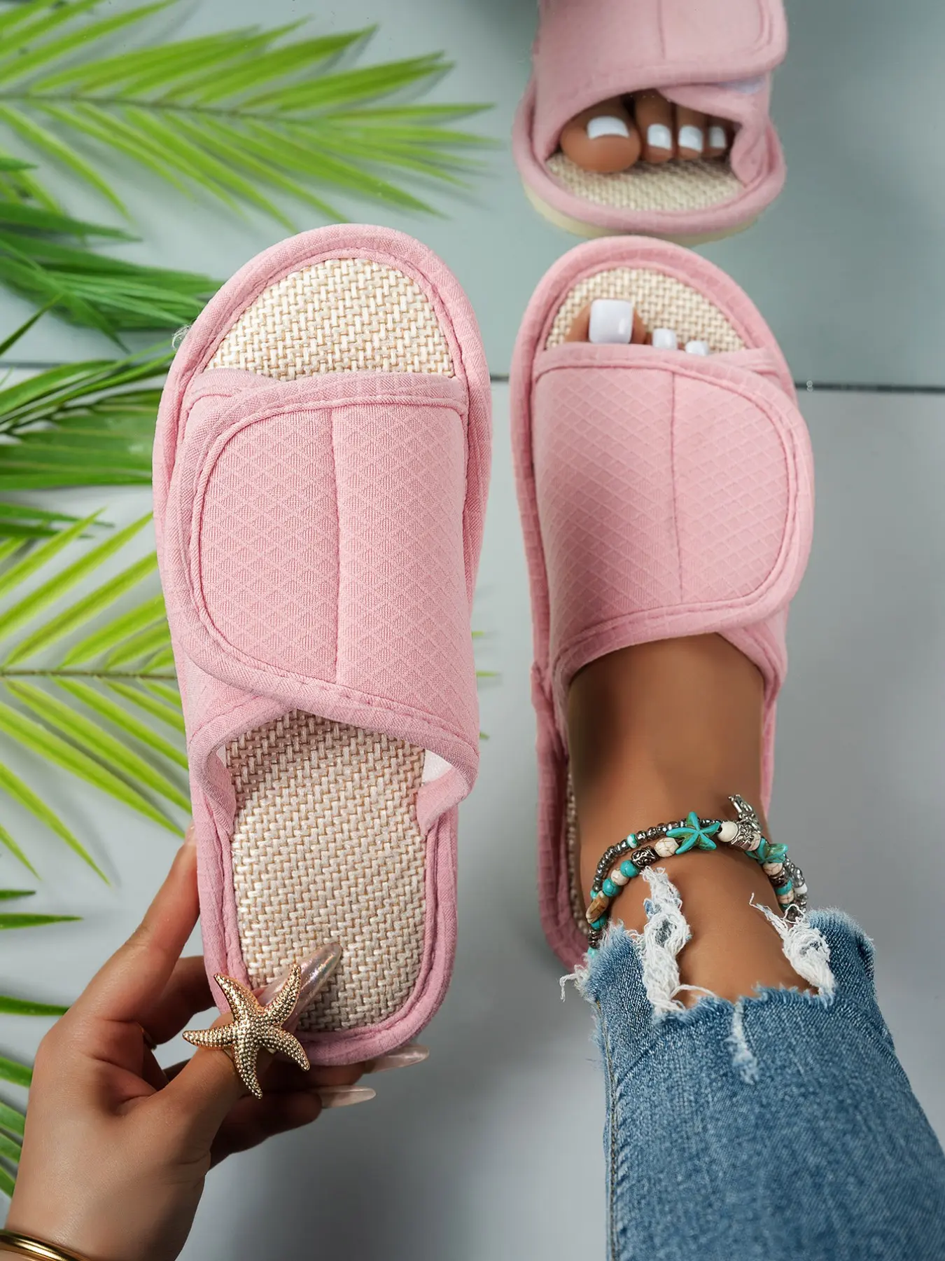 Adjustable Hemp Slippers with Velcro, Breathable Fabric Summer Home Slippers, Comfortable Casual Footwear for Daily Use