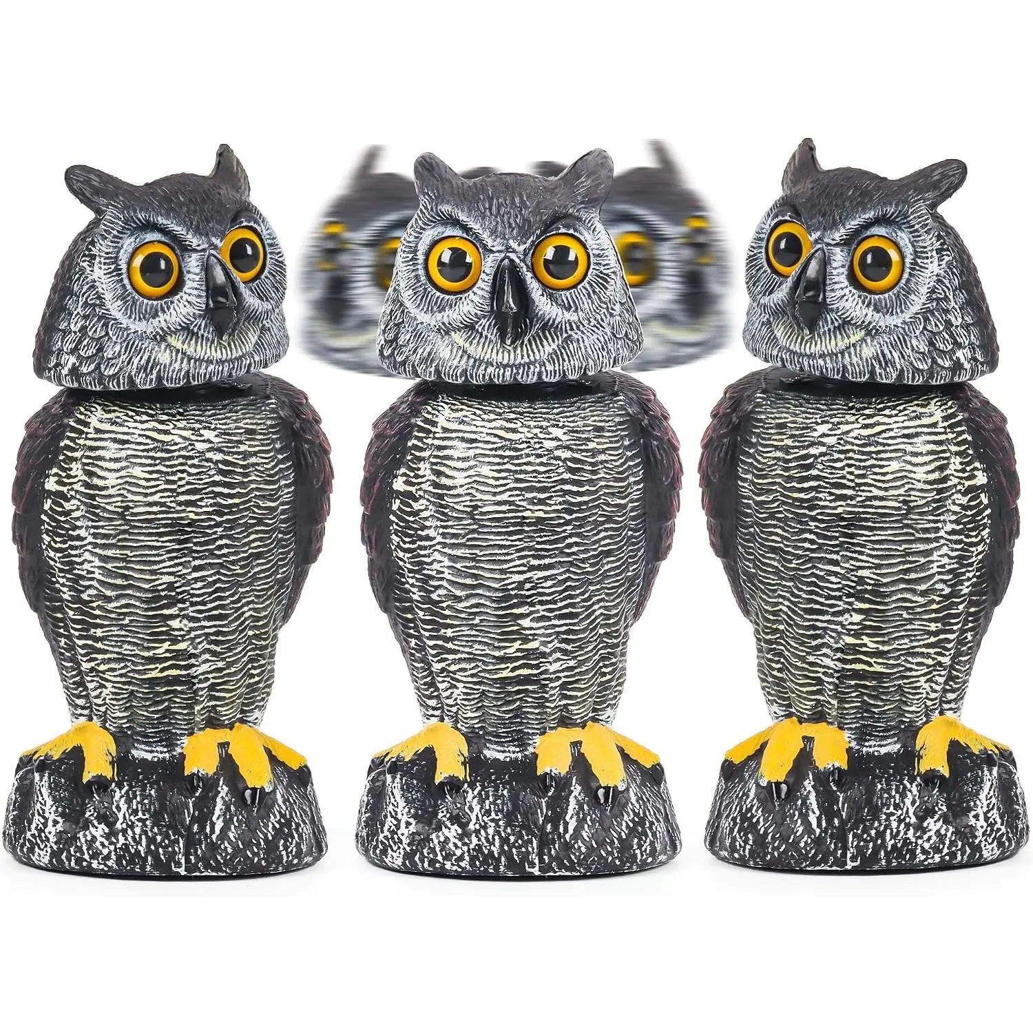 3 Pack Fake Owl Decoys to Scare Birds Away - Rotating Head Plastic Owl Scarecrows, Squirrel Hawk Bird Deterrent for Outside Garden Yard, Statues Garden Decor