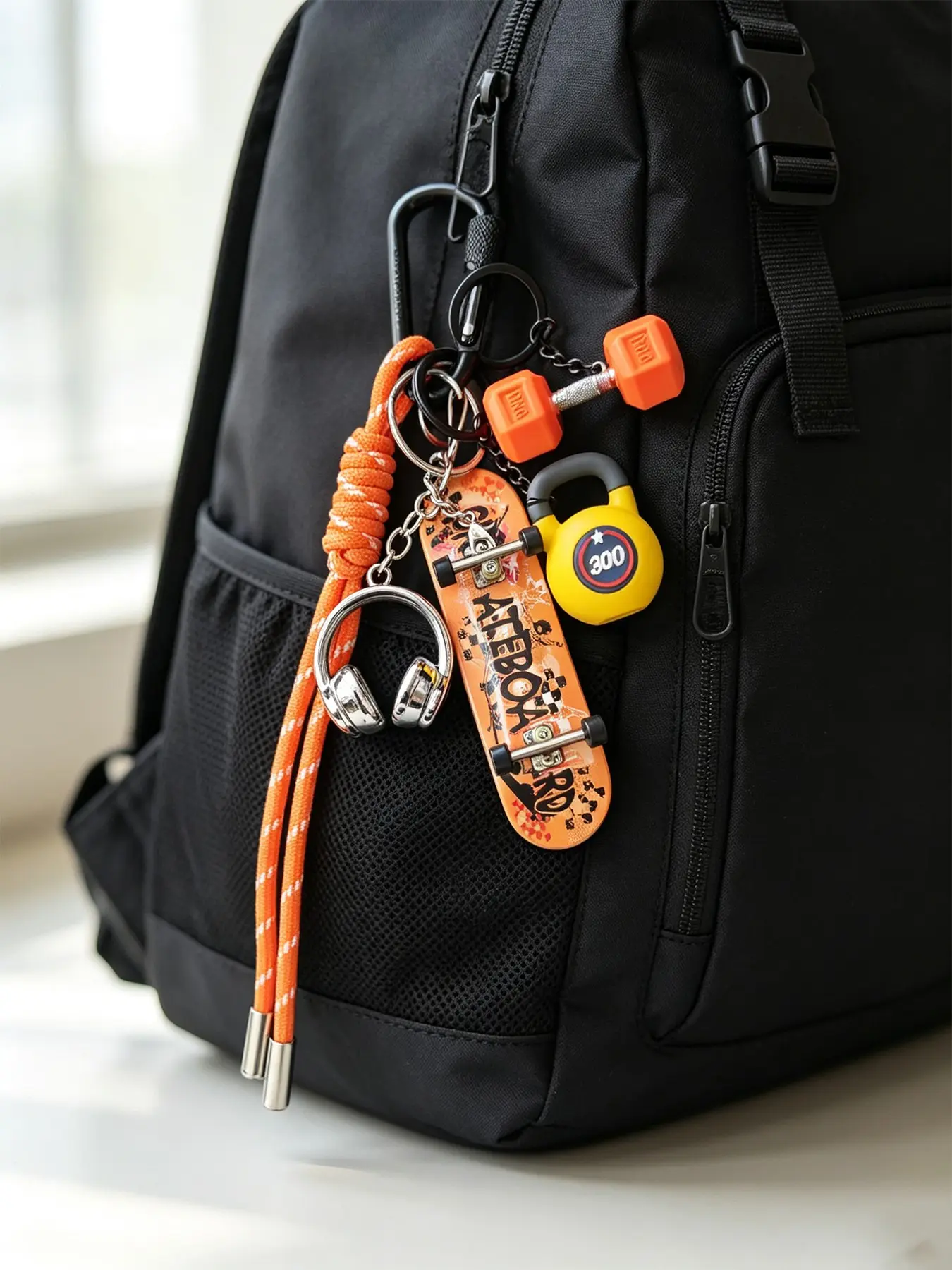 Y2K Street Skater Gym Rat Aesthetic Mini Finger Skateboard Fitness Keychain Dumbbell Kettlebell Headphone Charms Braided Nylon Rope Screw Lock Carabiner Backpack Bag Charm Gift For Skate Workout Sports Teen Boys Men