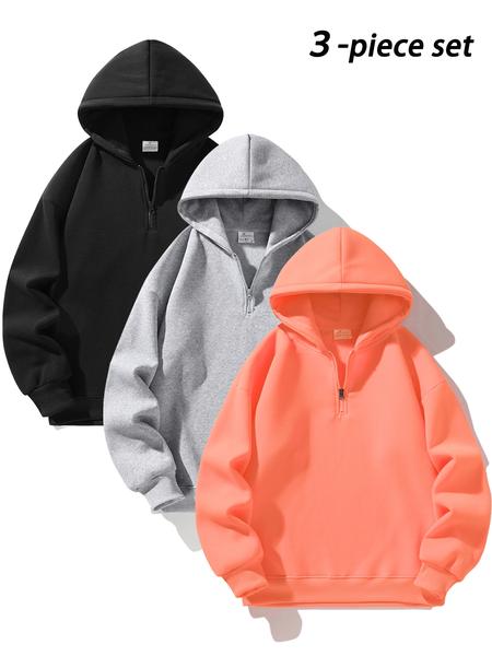 Men's Half-Zip Fleece Hoodie, Casual Long Sleeve Drop Shoulder Sweater, Thick Fabric for Fall & Winter, Sporty Fashion Pullover