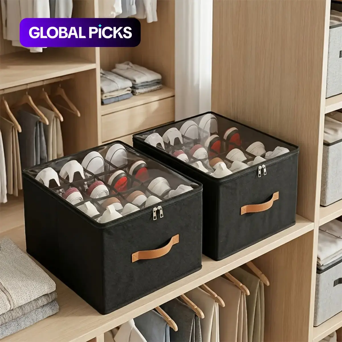 2 Pack Shoe Storage Boxes with Clear Covers and Reinforced Handles, Foldable Closet Organizer for Boots, High Heels and Sneakers, Large Shoe Containers for Wardrobe Storage, Dustproof Space Saving Home Organizer Transparent