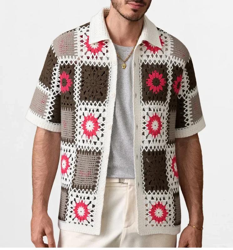 Kyn Apparel 2026 Summer Ethnic Florals Crochet Short Sleeve Casual Hollow Out Knit Shirt Men Vintage Knitting Polo Shirts Male Polo Cardigan