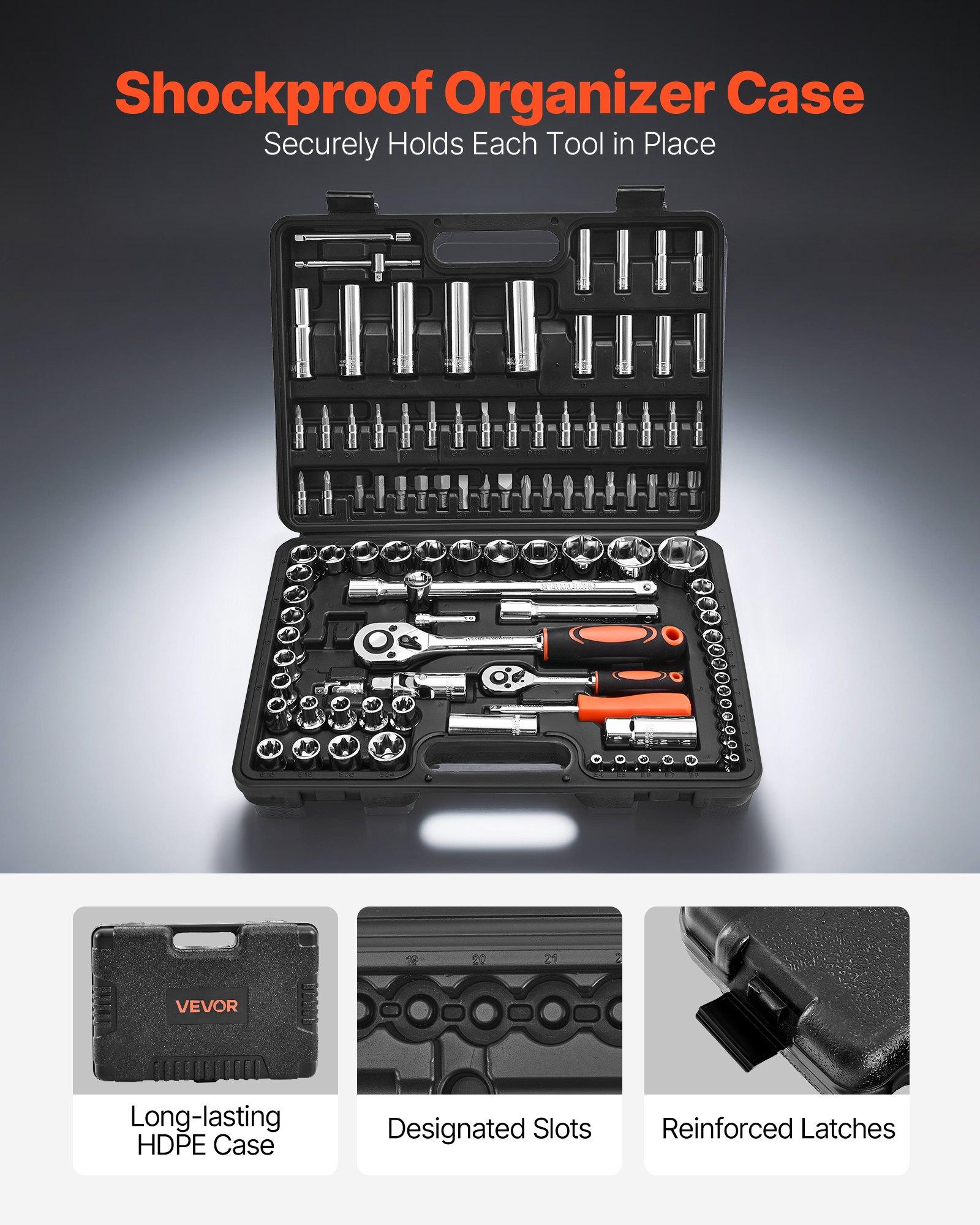 VEVOR Socket Set, 108 Pieces, 1/4 & 1/2 inch Drive Socket and Ratchet Set, Metric Size from 4 to 32 mm, Mechanic Tool Kit with Bits, Accessories, Storage Case, CR-V Alloy Steel, for Automotive Repair