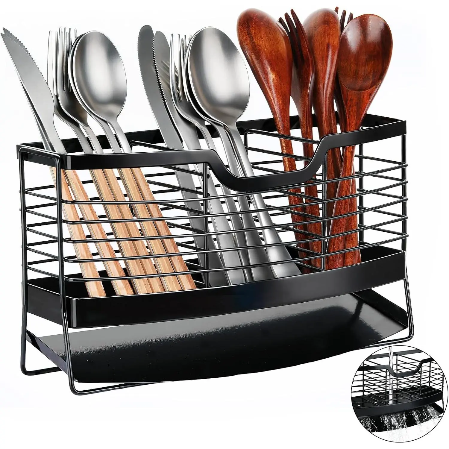 Utensil Holder, Stainless Utensil Drying Rack with Drain Tray for Counter, 3 Compartments Silverware Spoon Holder Cutlery Drainer Sink, Black