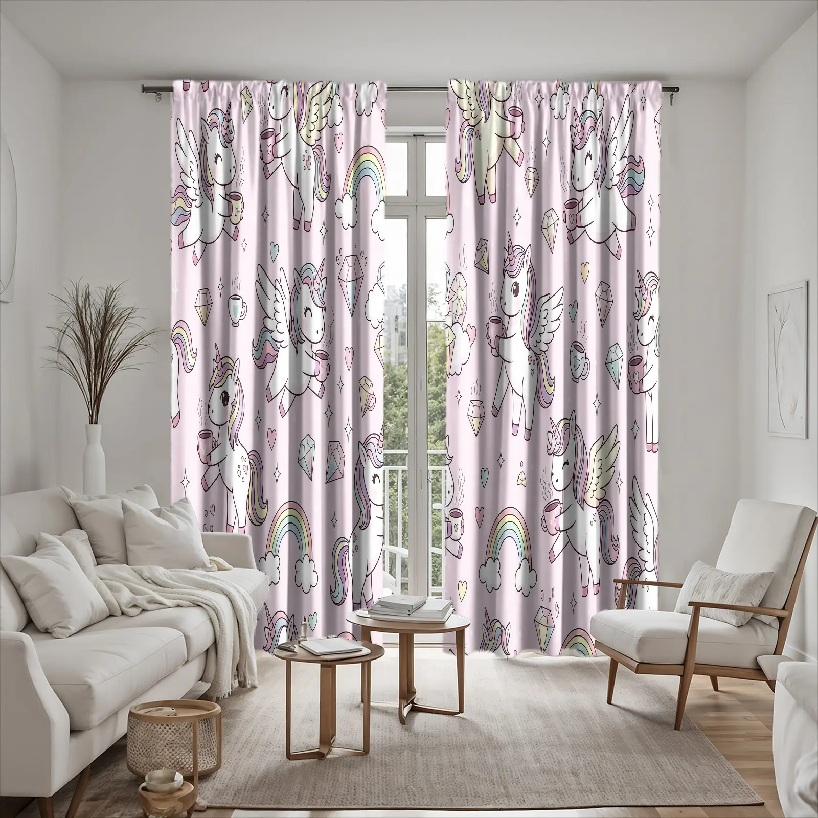 Unicorn Pattern Brushed Fabric Curtains, Set Of Two, Suitable For Bedroom And Living Room, Seasonal Decorative Semi-Blackout Curtains, Available In Various Sizes