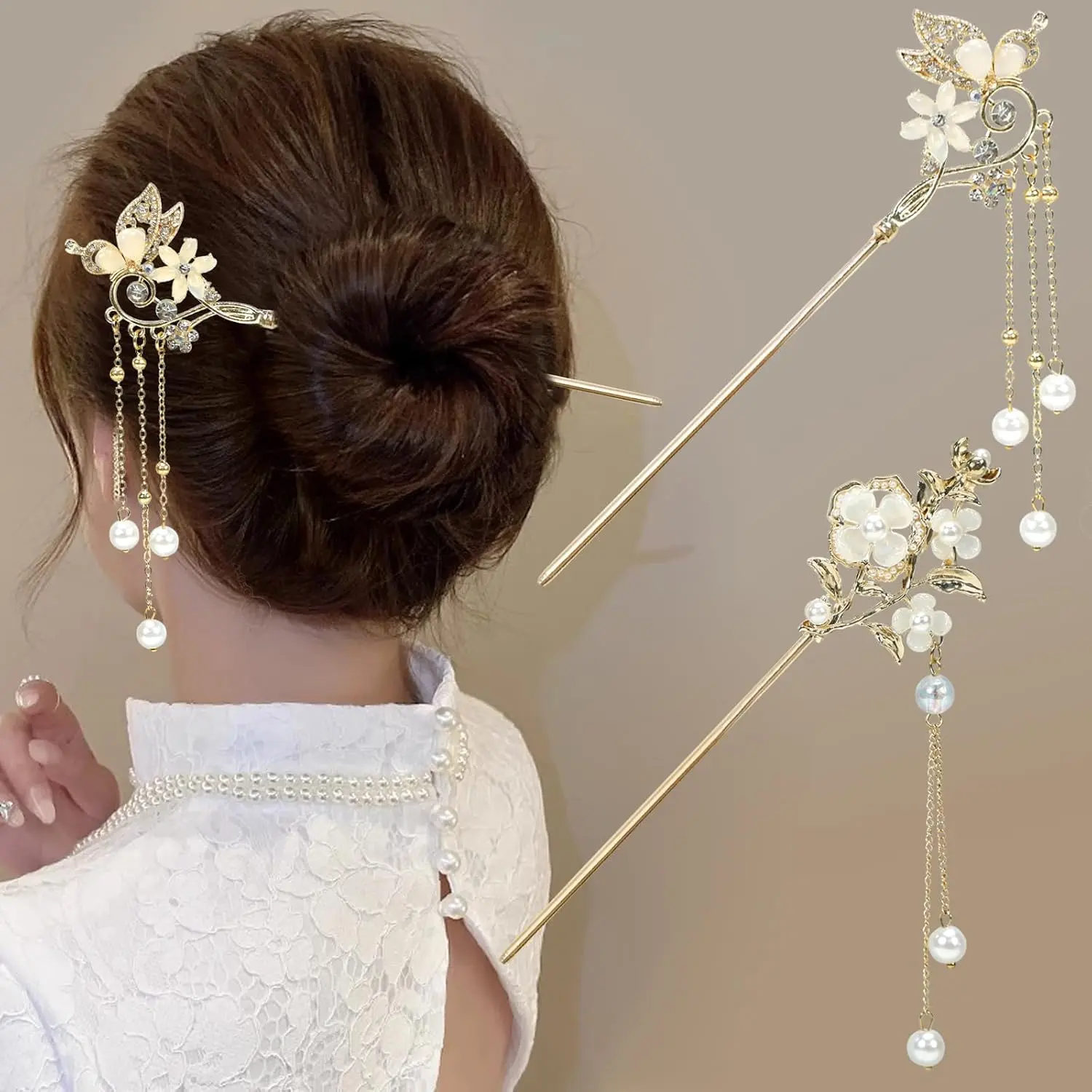 2Packs Chinese Hair Sticks for Buns Hair Chopsticks for Women and Girls | Chinese Floral Metal Hair Pins,    Hair Accessories, Hanfu Decorative Hairpins with Dangle Tassel Pendant