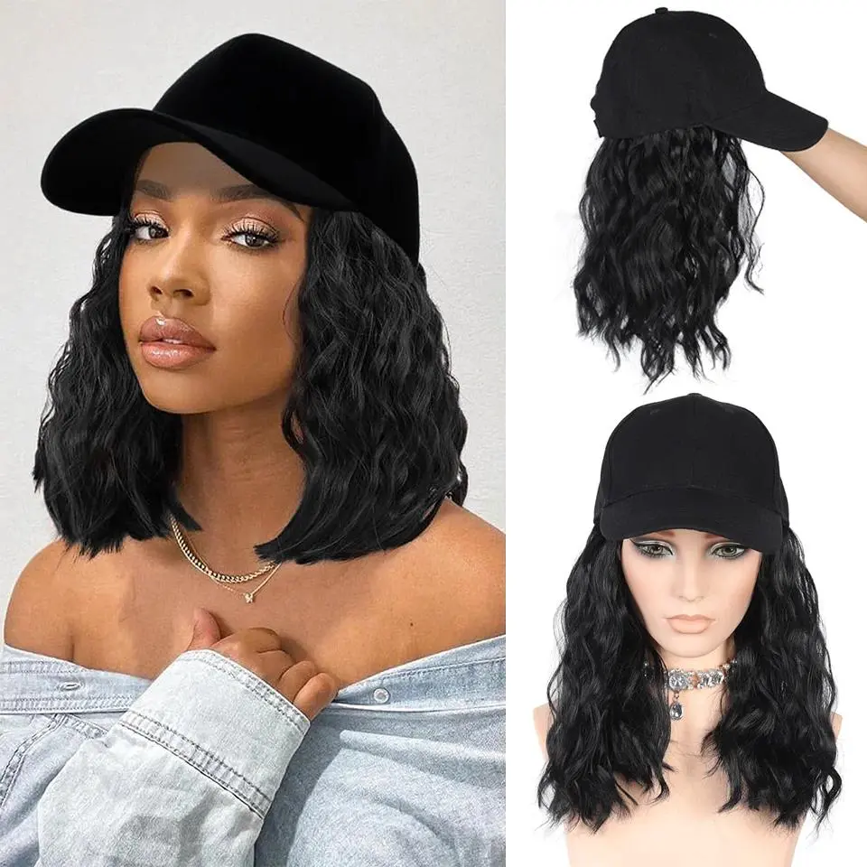 Lupu Synthetic Hat Wig for Women Wig Cap with Curly Hair Extensions Hat with Hair Wave Adjustable Baseball Hat Wigs