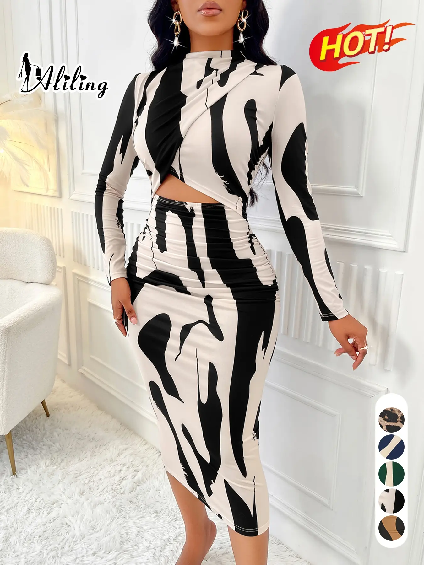 Aliling Women's Colorblock Print Cut Out Bodycon Dress, Elegant Chic Fashion Casual Long Sleeve Dress for Daily Outdoor Wear, Women Dress for Spring Fall Womenswear, Dresses with Sleeves