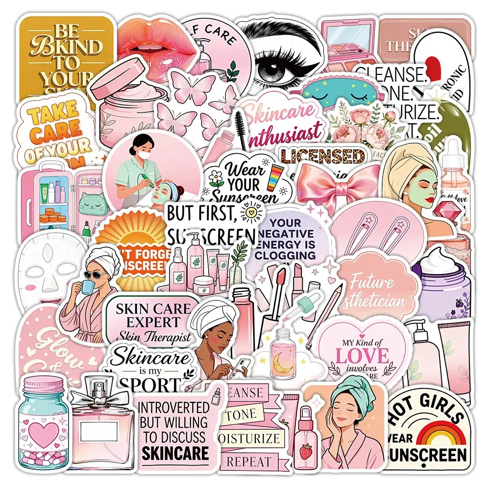 50pcs Pink Ins-Style Skincare and Beauty Journal Stickers, Cute Self-Adhesive Cosmetic Stickers for Salons, Suitable for Tablets, Journals, Water Bottles, Computers, Phone Cases, DIY Craft Supplies for Beauticians