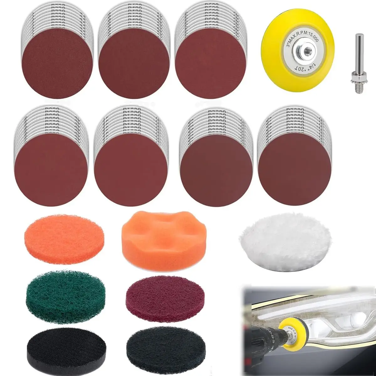 78 count  Headlight Restoration Kit,3inch Headlight Restoration Kit,Hook and Loop Sandpaper Buffing Pads with Rotary Tools  for  Type of  Headlights