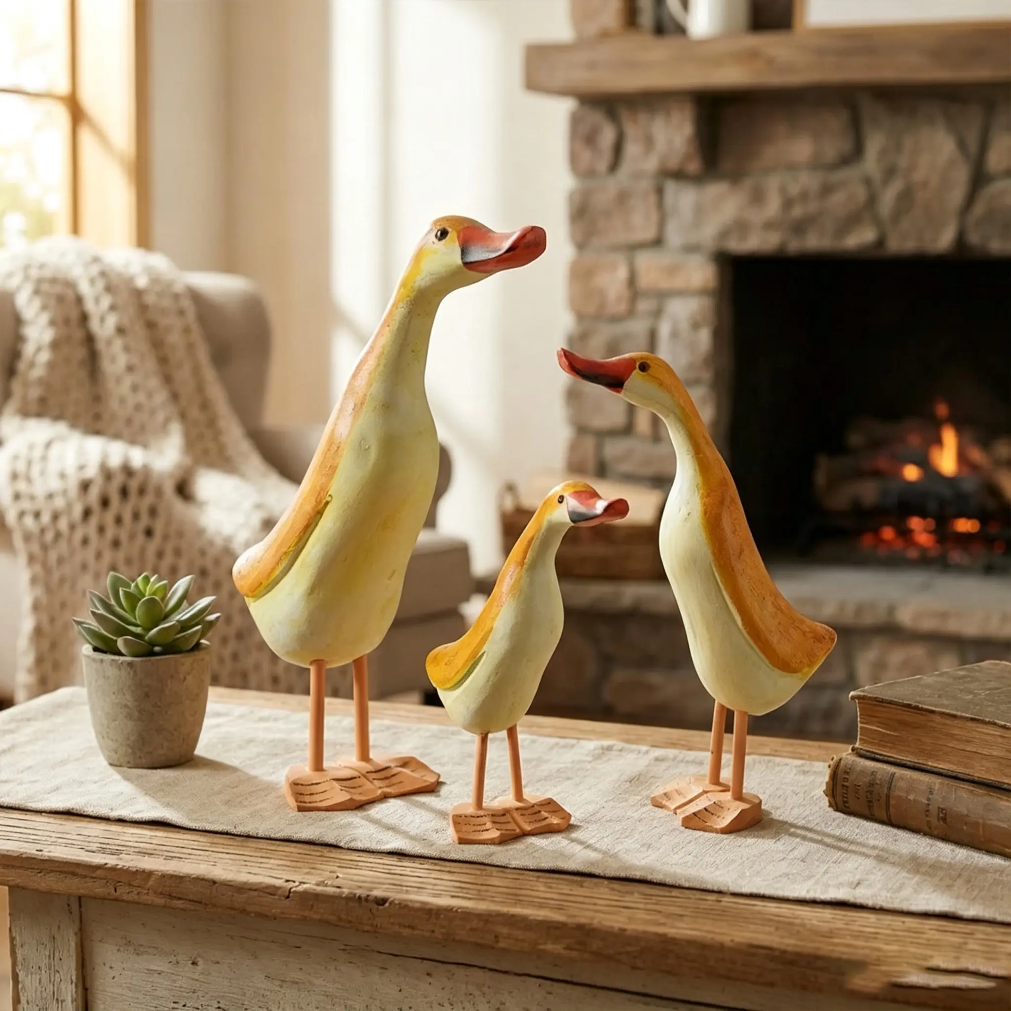 Set of 3 Hand-Carved Wooden Duck Figurines, Vintage Cottagecore Table Decor, Suitable for Fireplace, Coffee Table, Shelves, Living Room and Entryway, Cute Country Decorative Ornaments, Perfect Birthday & Housewarming Gift for Loved Ones