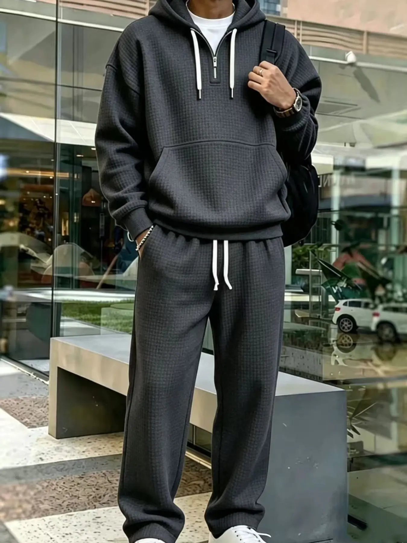 Men's Two-Piece Waffle Knit Set, Half-Zip Hoodie and Drawstring Wide-Leg Pants, Casual Streetwear Sportswear, Comfortable and Stylish