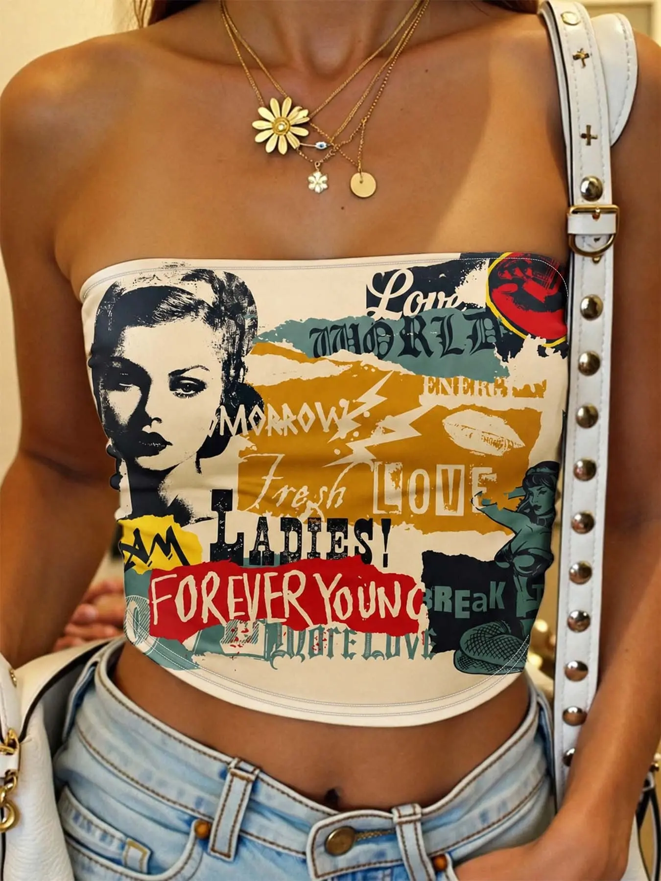 Forever Young Colorblock Portrait Letter Tube Top, Vintage Streetwear Fitted Short Outer Wear Vest, Casual Print Clothing, Casual Summer Sleeveless