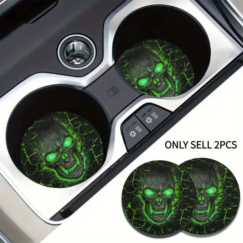 2pcs Green Skull Skeleton Print Car Coasters Universal Car Cup Holder Coasters for Car SUVs Trucks Car Decor Car Interior accessories Gothic Car Accessories