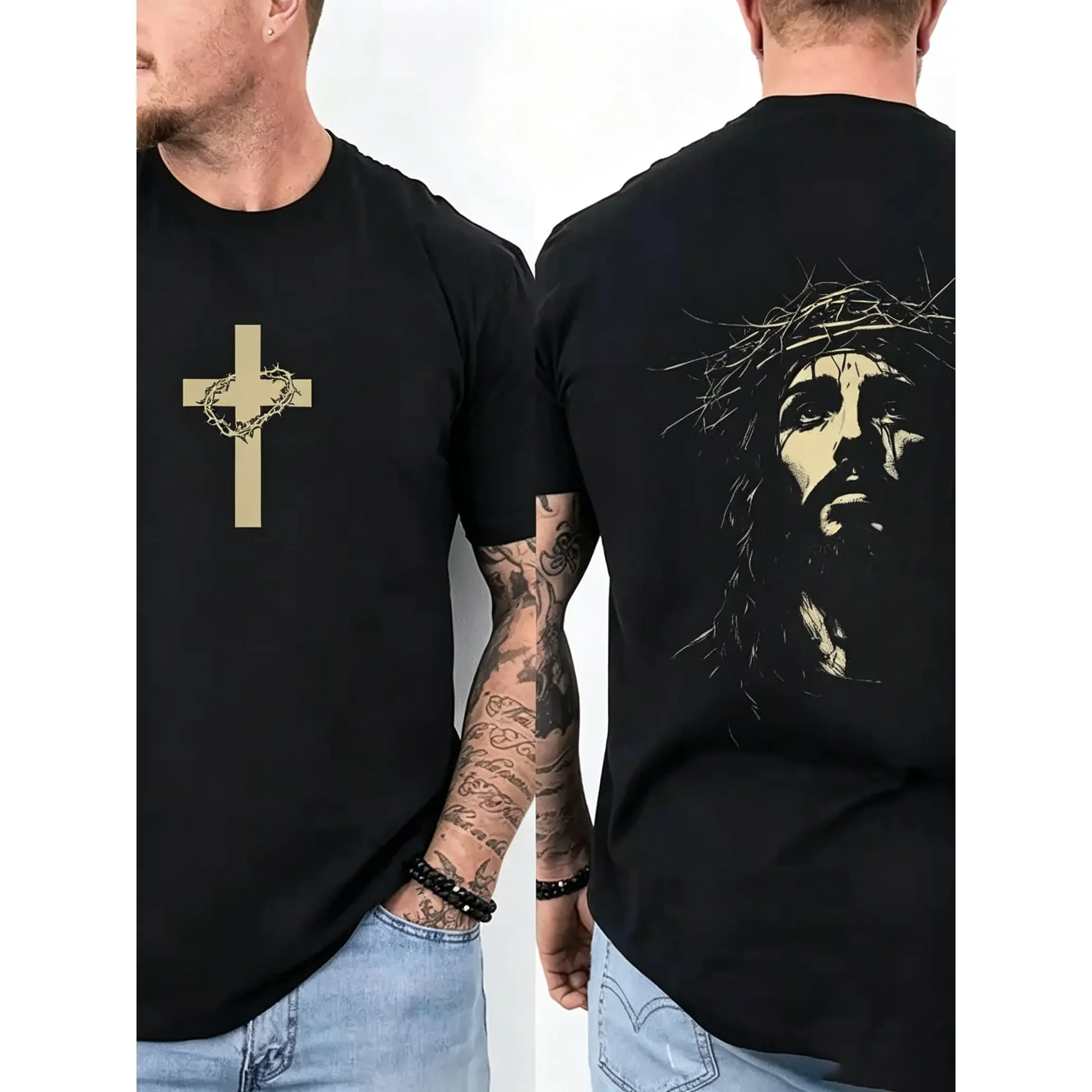 Menswear Cotton Fabric Jesus Crown of Thorns Print Top, Casual Round Neck Easter Christian Graphic T-Shirt, God Apparel Streetwear Gym Pump Cover