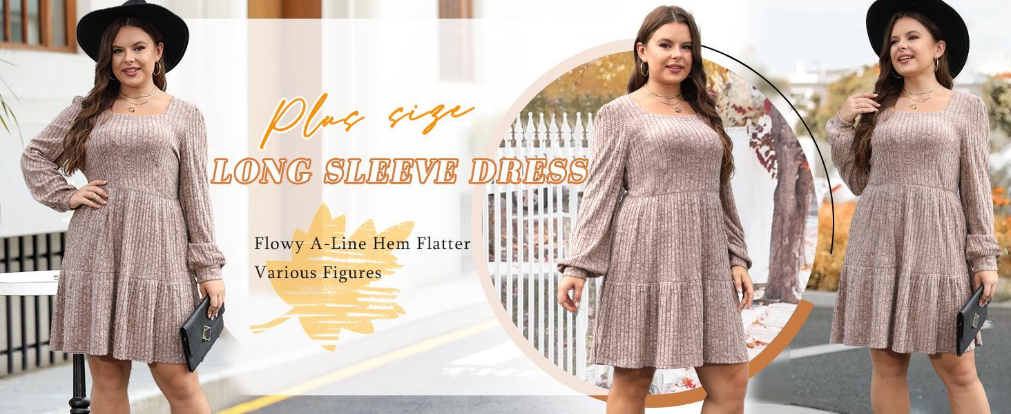 WIHOLL Womens Square Neck Long Sleeve Fall Dresses Casual Babydoll Sweater Dress